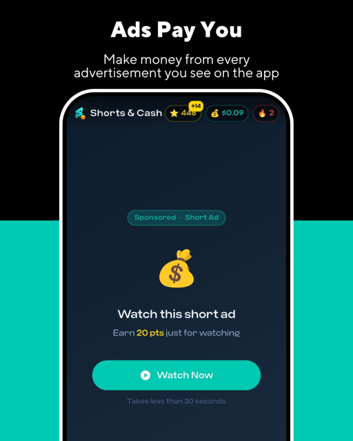 Watch an ad to earn points in Shorts & Cash