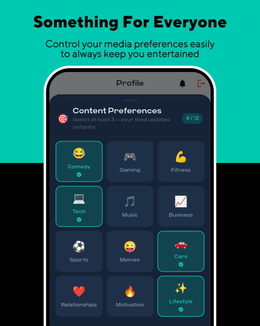 Content preference selection screen in Shorts & Cash