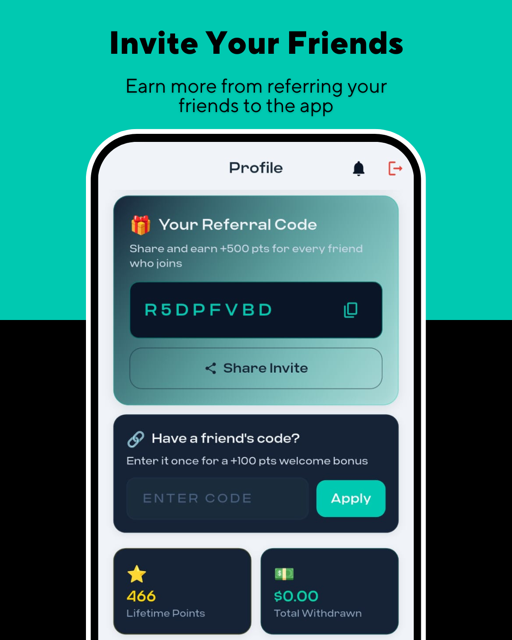 Referral code sharing screen in Shorts & Cash