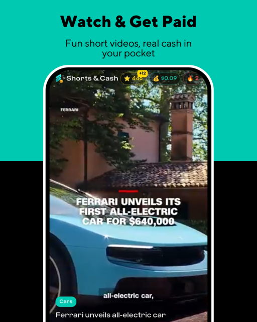 Shorts & Cash app feed screen showing a short video and points earned