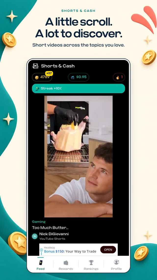 A personalised short-video feed in Shorts and Cash