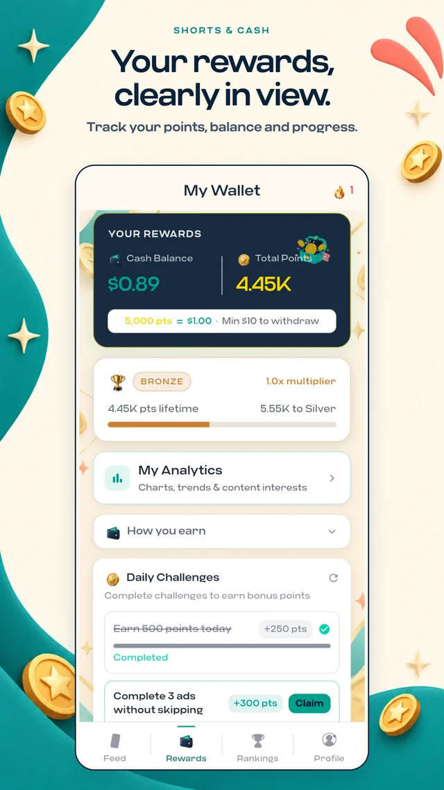 Reward points and wallet balance in Shorts and Cash