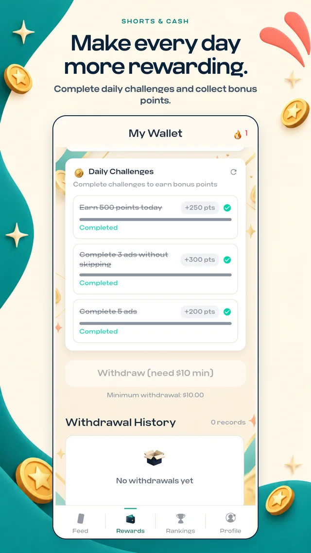Daily challenge progress in Shorts and Cash