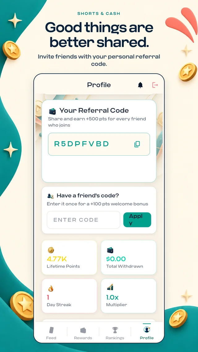 Personal referral code in Shorts and Cash
