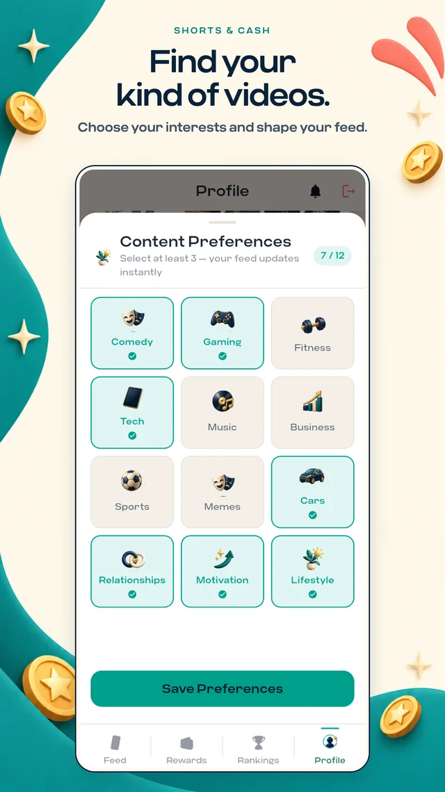 Illustrated content preferences in Shorts and Cash