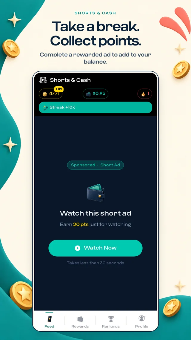 Rewarded-ad prompt in Shorts and Cash