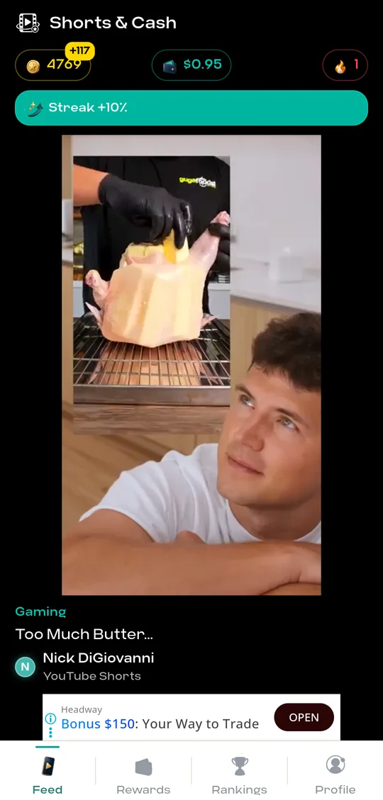 The Shorts and Cash feed with a short cooking video and reward balance