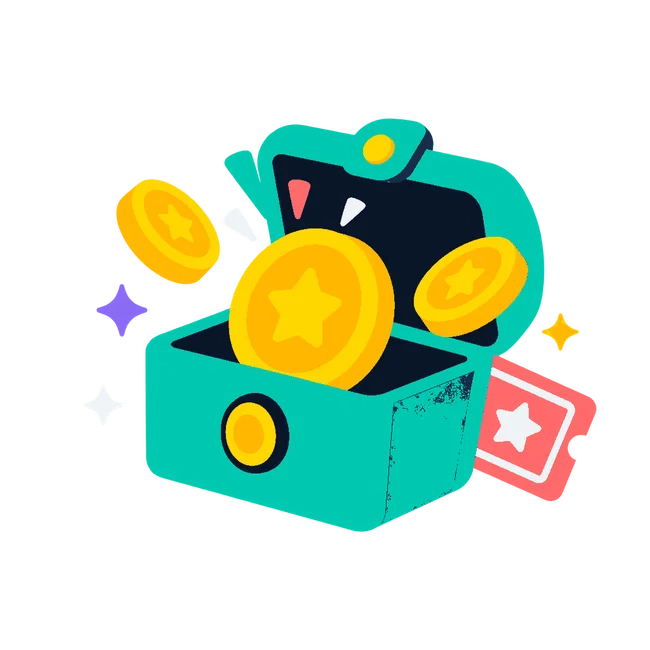 An illustrated teal reward chest filled with gold coins and video cards