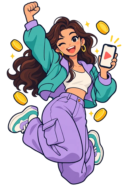 A joyful illustrated creator holding a phone